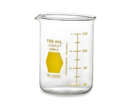 Стакан Гриффина Kimble Colorware 1000 мл, низкий, с желтой градуировкой, с носиком, стекло (Артикул 14000Y-1000)