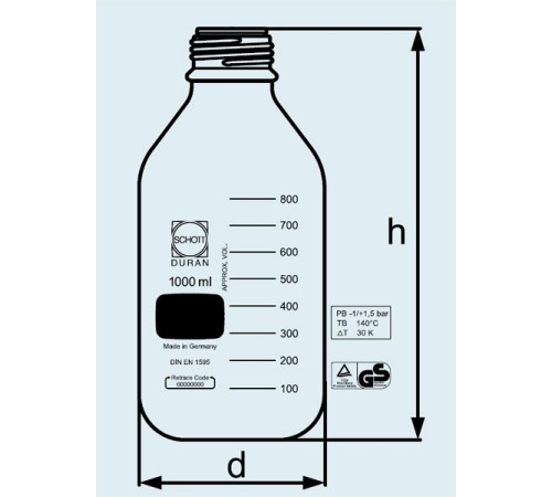 Бутыль DURAN Group 1000 мл, GL45, без крышки и сливного кольца, устойчивая к давлению, коричневое стекло