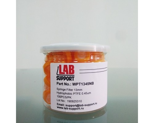 PTFE, 0.45 мкм, 13 мм, шприцевые фильтры WS, оранжевые, 100 шт/уп. Lab-Support, Китай